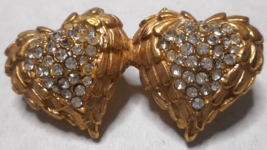 Vtg Gold Tone Clear Rhinestone Side by Side Connected Heart Pin Brooch 1... - £15.52 GBP