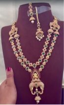 Indian Bollywood Gold Plated CZ Jewelry Necklace Earring Red Green Statement Set - £74.19 GBP