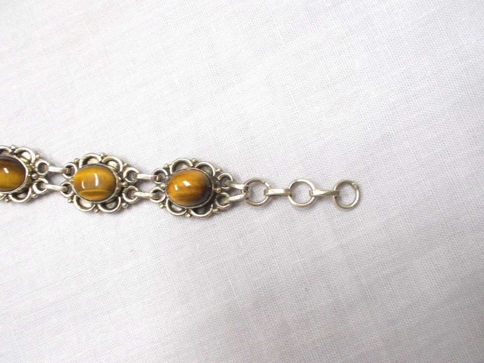 ESTATE STERLING SILVER w TIGERS EYE GEMS FLOWER DESIGN BRACELET ADJ SZ 7 - 8 Item image 6