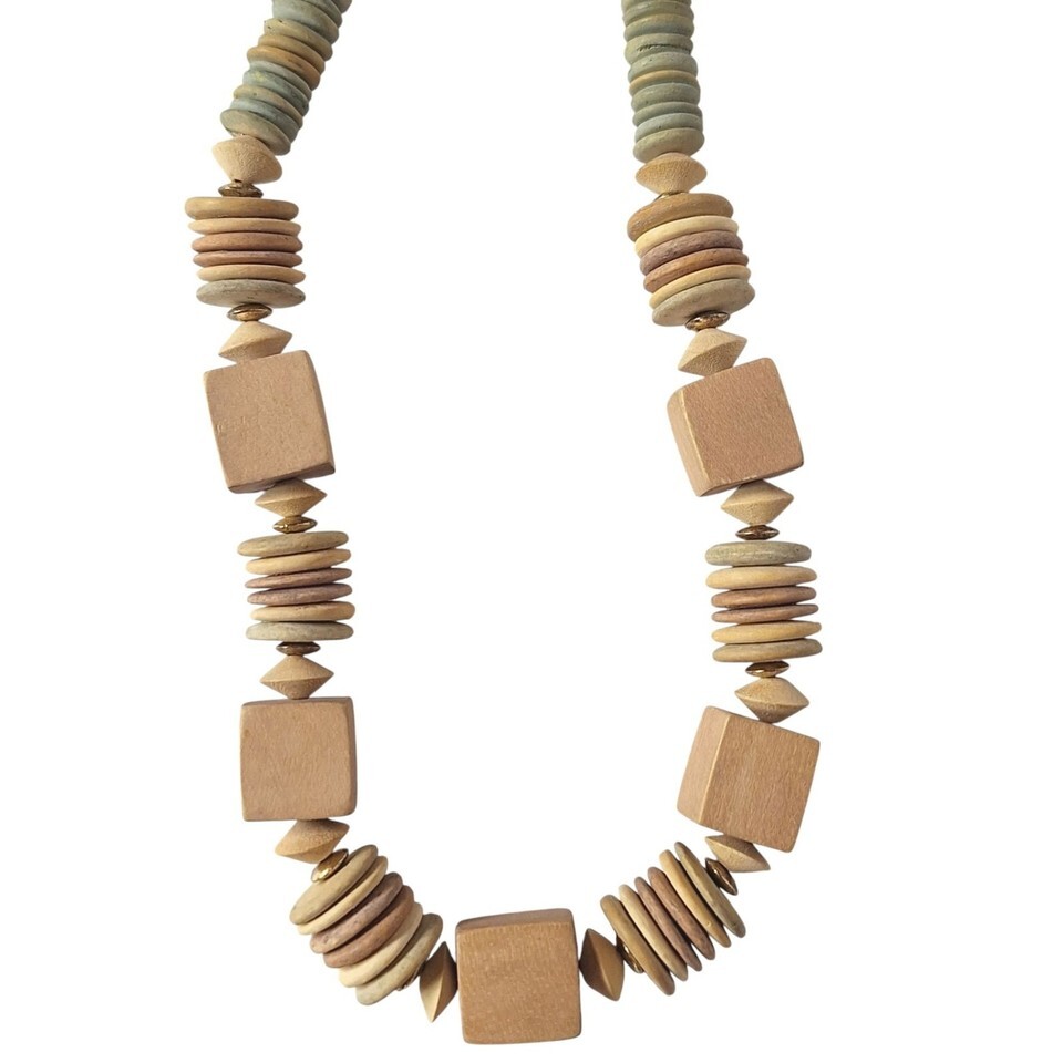 Vintage Artisan Wood Bead Necklace Cube Disc Hex Beads Bohemian Style Jewelry Item image 2