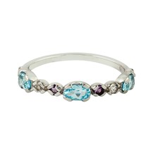 925 Sterling Silver Rhodium Plated Stack Ring With Blue Topaz Oval Cut  Shape  - £31.96 GBP