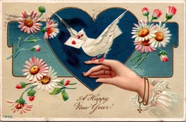 Happy New Year 1911, Embossed Flowers, Dove  hand Vintage Post Card a4 - £16.95 GBP