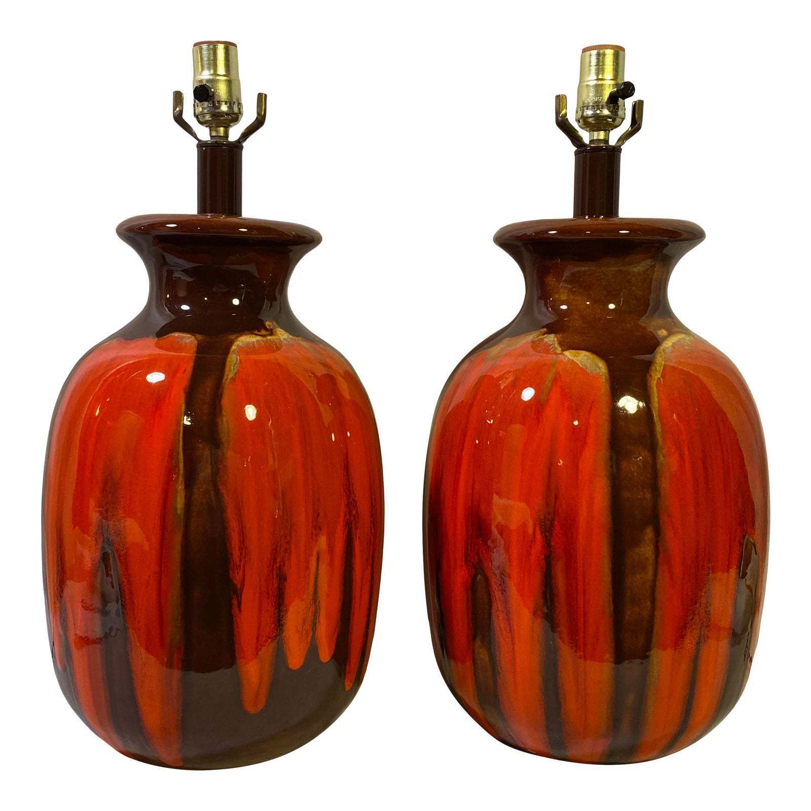 Mid-Century Orange Ceramic Lamps Brown Drip Glaze Vintage Mod Pop - $1,575.00