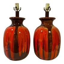 Mid-Century Orange Ceramic Lamps Brown Drip Glaze Vintage Mod Pop - £2,159.26 GBP