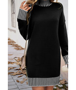 Black Striped Trim Mock Neck Dropped Long Sleeve Sweater Mini Dress - $48.17 CAD