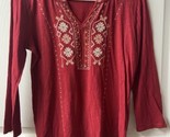 Lucky Brand Women Top Small Red Embroidere Blouse Boho Peasant V Neck 3/... - $7.87