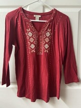 Lucky Brand Women Top Small Red Embroidere Blouse Boho Peasant V Neck 3/4 Sleeve - £6.28 GBP