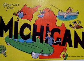 Greetings From Michigan Large Big Letter Postcard Linen Old Car Boat EC Kropp - £21.56 GBP