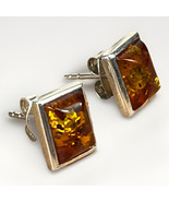 Beautiful 925 STERLING SILVER and AMBER Rectangular STUD EARRINGS - Signed - $26.87