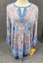 RUBY Rd Blouse Womens Large Paisley Blue Pink Floral 3/4 Sleeve Embellis... - £23.11 GBP
