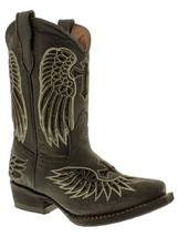 Girls Kids Toddler Black Western Wear Cowboy Boots Real Leather Wings Cr... - $66.49