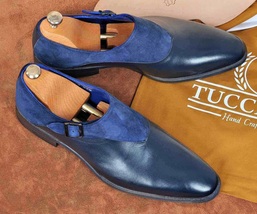 Men Two Tone Blue Suede Monk Single Buckle Strap Plain Toe Leather Shoes... - $149.99+