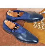 Men Two Tone Blue Suede Monk Single Buckle Strap Plain Toe Leather Shoes... - $205.14 CAD+