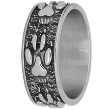 Paw Print Ring Silver Stainless Steel Wolf K9 Dog Band Pet Memorial Jewelry - £14.13 GBP