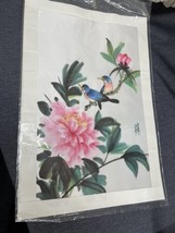 CHINESE / JAPANESE  SILK Painting OF BIRDS &amp; BLOSSOMING FLOWERS SIGNED 9... - £14.75 GBP