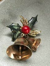 Vintage Green Enamel Holly Leaves w Bright Red Berry Bead &amp; Two Goldtone Bells  - £10.52 GBP