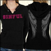 Sinful Crystal Angel Wings Pink Sequins Womens LS Pullover Hoodie Black NEW S - £75.07 GBP