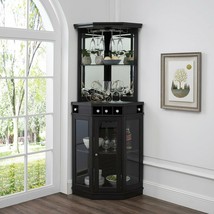 Mini Bar Corner Liquor Cabinet Wine Storage Stemware Rack Dining Room Black New  - £367.94 GBP