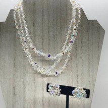 Vintage Aurora Borealis Set Graduated Bead 25&quot; Necklace Clip On Earrings - £30.92 GBP