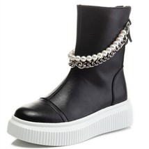 Autumn/Winter New Top Layer Cowhine Martin Boots Chain Beads Back Zipper High To - £82.96 GBP