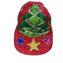 Sequin All over Christmas Tree Stars Ornaments Glam Bling Baseball Cap Hat - £22.17 GBP
