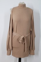 NWT Lovers &amp; Friends S Brown Ribbed Mock Neck Open Shoulder Fitted Belted Dress - £51.63 GBP