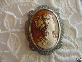 (C-522) Rare orange Celluloid Lady CAMEO engraved tin vintage pin jewelry - £67.21 GBP