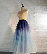 Frozen Blue Tulle Midi Skirt Outfit Women A-line Plus Size Sparkly Tulle Skirt image 4