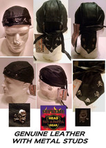 HAV-A-HANK Danna Leather Fitted Bandana Metal Studs Skull Head Doo Do Rag Biker - £15.08 GBP+