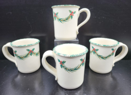 (4) Three Rivers Pottery Holly Garland Mugs Set Vintage Sponge Green Hol... - $68.97