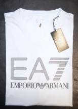 Emporio Armani EA7 Men&#39;s Signature V Neck White Stretch Cotton Tee T-Shi... - $54.44