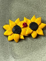 Handmade Polymer Clay Yellow Sunflowers w Red Ladybug Pin Brooch – 1 and 3/8th’s - £11.66 GBP