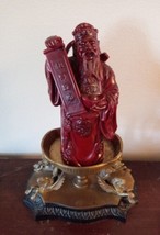 Temple Priest Monk Chinese Red Resin Sculpture w/ Brass Stand Art Decor ... - £23.59 GBP