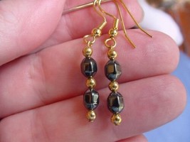 (EE-341) soft faceted Black hematite beaded gold wire dangle pair EARRINGS - £7.62 GBP