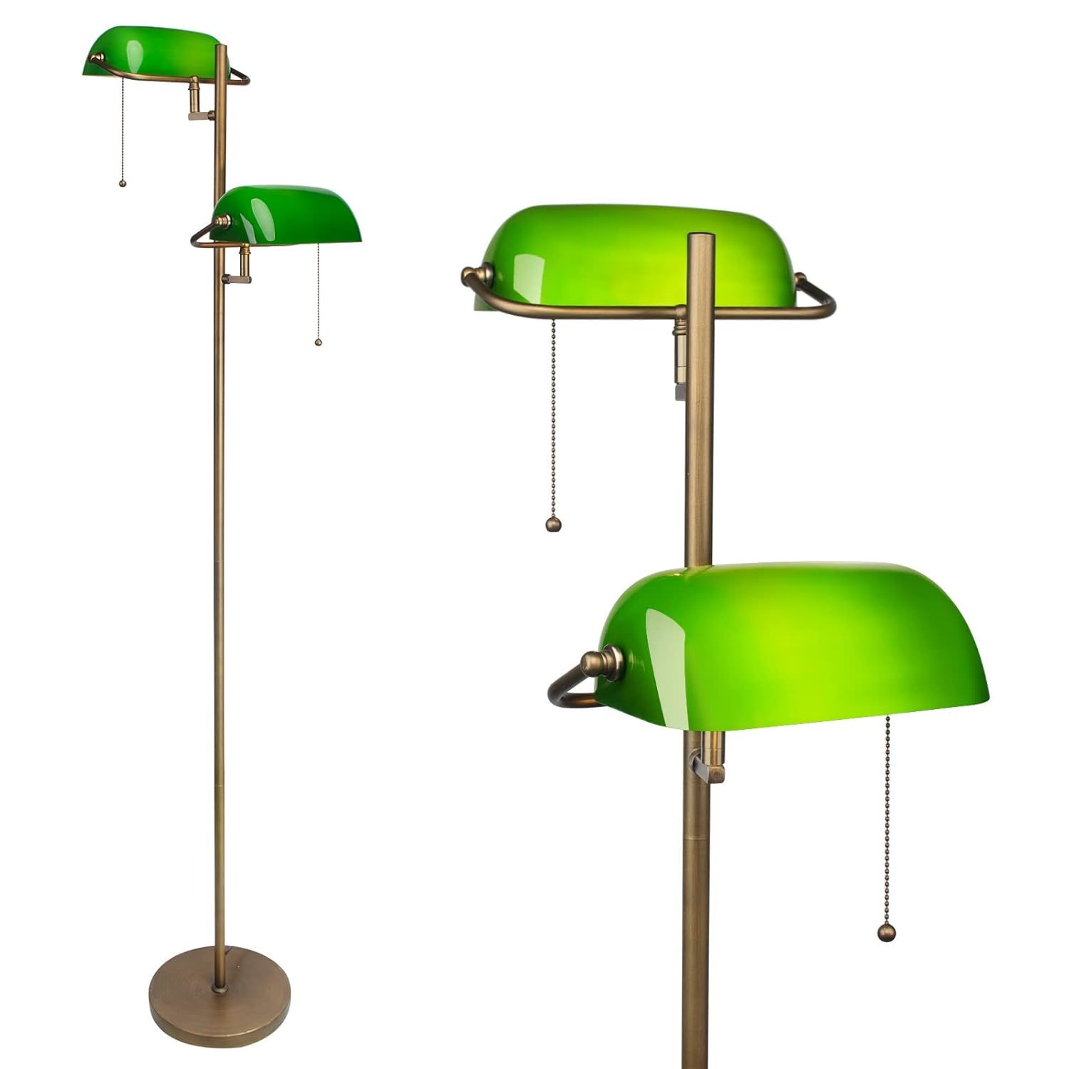 Green Glass Bankers Floor Lamp Classic Vintage Standing Lamp With Pull Chain Swi