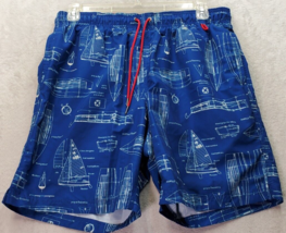 Lands&#39; End Swim Shorts Men Large Blue Sailing Print Elastic Waist Drawstring EUC - £18.15 GBP