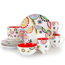 Gibson Home Colorful Bazaar 16 Piece Round Fine Ceramic Dinnerware Set in Red O - £64.38 GBP