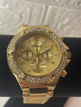 Geneva Gold Tone Dial Crystal Accent Round Case Stainless Steel Band Watch - $9.89