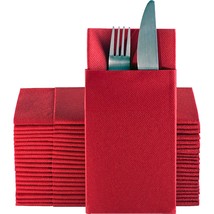 Red Dinner Napkins Cloth Like With Built-In Flatware Pocket, Linen-Feel ... - £39.95 GBP