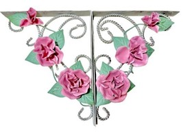 Vintage 1980&#39;s White Metal Pink Roses Green Leaves Cottage Wall Shelf Brackets - £51.07 GBP