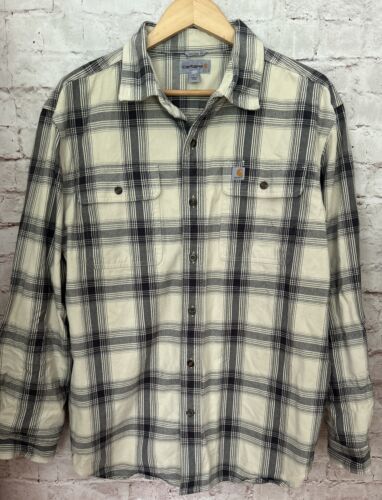 Primary image for Carhartt Flannel Shirt Men's Large Ivory White Plaid Heavy Original Fit 104451