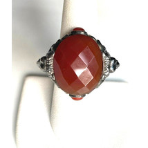 Large 925 Blackened Sterling Silver &amp; Carnelian Lion Heads Ring Size 8 Sky - £62.18 GBP