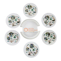 Marble Coaster Round Set Paua Shell Precious Inlay Stone Drinkware Decor... - £198.03 GBP