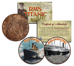 Rms Titanic &amp; Rms Carpathia 1900’s Gold Clad Britain Pennies 2-Coin Set - £14.67 GBP