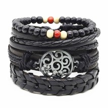 SET OF 4 BRACELETS 4pcs Braclet Black Wood Bead Leather Braided Adjustab... - $132.30 MXN