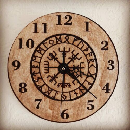 Primary image for Handmade Wooden wall Clock Viking Vegvisir Pagan Witch Runes Home Gift 