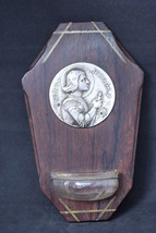 ⭐Vintage French holy water font  w Joan of Arc medal ,ex voto - £35.10 GBP
