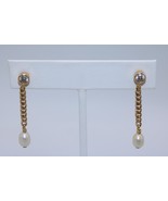 Vintage 18K Yellow Gold Clear Stone &amp; Pearl Curb Link Dangle Earrings - £237.07 GBP