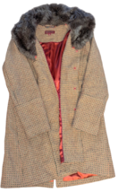 Merona L Tan Orange Tweed Faux Fur Trim Glitter Button Long Warm Trench Coat - £45.76 GBP