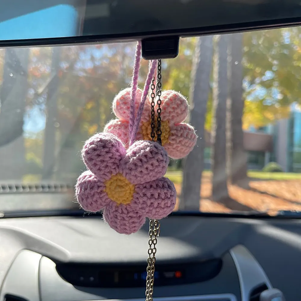 Kawaii Waffle Flower Car Mirror Hanging Accessories, Crochet Flower Car Rear - $13.77+